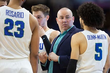 Florida Gulf Coast Eagles guard Tavian Dunn-Martin (5) talks with Florida Gulf Coast Eagles head coach Michael Fly during a timeout during the ASUN men   s basketball game between the Kennesaw State Owls and Florida Gulf Coast Eagles, Wednesday, Feb. 16, 2022, at Alico Arena in Fort Myers, Fla.The Florida Gulf Coast Eagles defeated the Kennesaw State Owls 82-76.

Kennesaw State Owls at Florida Gulf Coast Eagles ASUN men's Basketball, Feb. 16, 2022