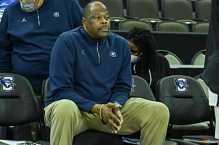 Feb 14, 2022; Omaha, Nebraska, USA;  Georgetown Hoyas head coach Patrick Ewing awaits the start of the game against the Creighton Bluejays at CHI Health Center Omaha. Mandatory Credit: Steven Branscombe-USA TODAY Sports
