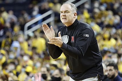 Feb 23, 2022; Ann Arbor, Michigan, USA; Rutgers Scarlet Knights head coach Steve Pikiell claps in the first half against the Michigan Wolverines at Crisler Center. Mandatory Credit: Rick Osentoski-USA TODAY Sports