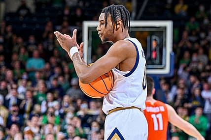 Feb 23, 2022; South Bend, Indiana, USA; Notre Dame Fighting Irish guard Blake Wesley (0) reacts in the second half against the Syracuse Orange at the Purcell Pavilion. Mandatory Credit: Matt Cashore-USA TODAY Sports
