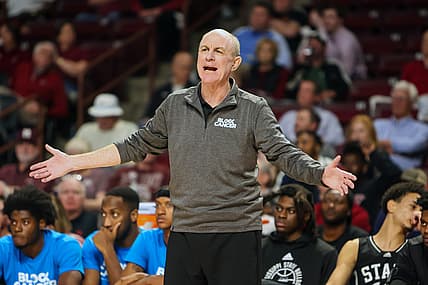Feb 23, 2022; Columbia, South Carolina, USA; Mississippi State Bulldogs head coach Ben Howland disputes a call against the South Carolina Gamecocks in the first half at Colonial Life Arena. Mandatory Credit: Jeff Blake-USA TODAY Sports