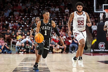 Feb 23, 2022; Columbia, South Carolina, USA; Mississippi State Bulldogs guard Iverson Molinar (1) brings the ball up against the South Carolina Gamecocks in the second half at Colonial Life Arena. Mandatory Credit: Jeff Blake-USA TODAY Sports