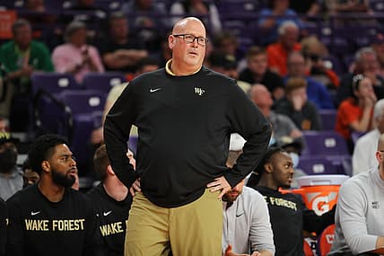 Feb 23, 2022; Clemson, South Carolina, USA; Wake Forest Demon Deacons head coach Steve Forbes reacts from the sideline during the second half against the Clemson Tigers at Littlejohn Coliseum. Mandatory Credit: Dawson Powers-USA TODAY Sports