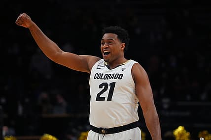 Feb 24, 2022; Boulder, Colorado, USA; Colorado Buffaloes forward Evan Battey (21) reacts in the first half against the Arizona State Sun Devils at the CU Events Center. Mandatory Credit: Ron Chenoy-USA TODAY Sports
