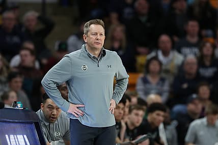 Feb 26, 2022; Logan, Utah, USA; Colorado State Rams head coach Niko Medved looks on in the first half against the Utah State Aggies at Dee Glen Smith Spectrum. Mandatory Credit: Rob Gray-USA TODAY Sports