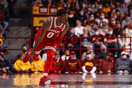 Feb 27, 2022; Minneapolis, Minnesota, USA; Indiana Hoosiers guard Xavier Johnson (0) reacts after scoring against the Minnesota Gophers during the first half at Williams Arena. Mandatory Credit: Harrison Barden-USA TODAY Sports