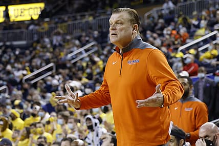Feb 27, 2022; Ann Arbor, Michigan, USA;  Illinois Fighting Illini head coach Brad Underwood reacts during the first half against the Michigan Wolverines at Crisler Center. Mandatory Credit: Rick Osentoski-USA TODAY Sports