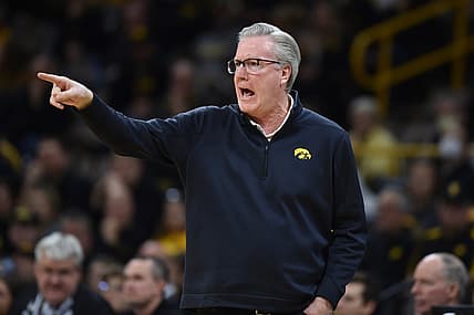 Feb 28, 2022; Iowa City, Iowa, USA; Iowa Hawkeyes head coach Fran McCaffery directs his team against the Northwestern Wildcats during the first half at Carver-Hawkeye Arena. Mandatory Credit: Jeffrey Becker-USA TODAY Sports