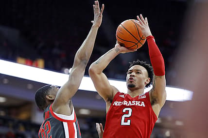 Mar 1, 2022; Columbus, Ohio, USA;  Nebraska Cornhuskers guard Trey McGowens (2) shoots the ball as he is defended by Ohio State Buckeyes guard Malaki Branham (22) during the first half at Value City Arena. Mandatory Credit: Joseph Maiorana-USA TODAY Sports
