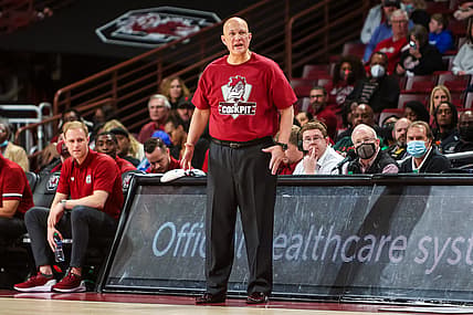 Mar 1, 2022; Columbia, South Carolina, USA; South Carolina Gamecocks head coach Frank Martin directs his team against the Missouri Tigers in the first half at Colonial Life Arena. Mandatory Credit: Jeff Blake-USA TODAY Sports