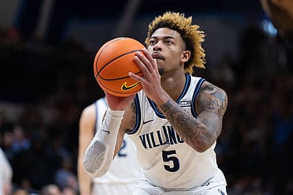 Mar 1, 2022; Villanova, Pennsylvania, USA; Villanova Wildcats guard Justin Moore (5) takes a foul shot against the Providence Friars during the second half at William B. Finneran Pavilion. Mandatory Credit: Bill Streicher-USA TODAY Sports