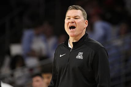 Mar 1, 2022; Los Angeles, California, USA; Arizona Wildcats head coach Tommy Lloyd watches a game during the game against the USC Trojans at Galen Center. The Wildcats won 91-71. Mandatory Credit: Kiyoshi Mio-USA TODAY Sports