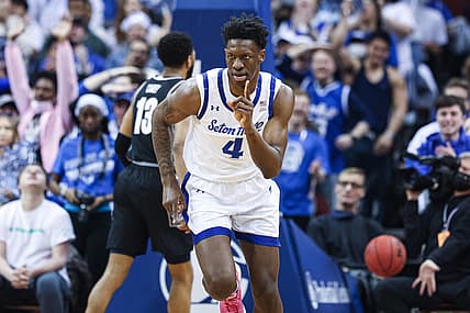 Mar 2, 2022; Newark, New Jersey, USA; Seton Hall Pirates forward Tyrese Samuel (4) reacts after scoring a basket against the Georgetown Hoyas during the first half at Prudential Center. Mandatory Credit: Vincent Carchietta-USA TODAY Sports