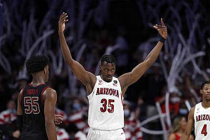 Mar 3, 2022; Tucson, Arizona, USA; Arizona Wildcats center Christian Koloko (35) reacts after a dunk during the second half against the Stanford Cardinal at McKale Center. Mandatory Credit: Chris Coduto-USA TODAY Sports