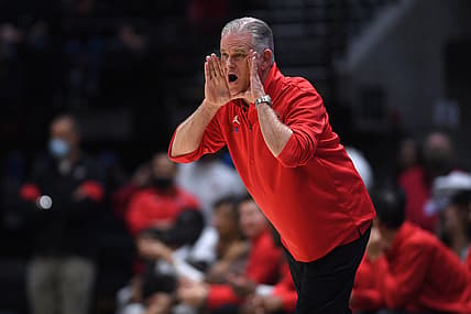 Mar 3, 2022; San Diego, California, USA; San Diego State Aztecs head coach Brian Dutcher calls out from the sideline during the second half against the Fresno State Bulldogs at Viejas Arena. Mandatory Credit: Orlando Ramirez-USA TODAY Sports
