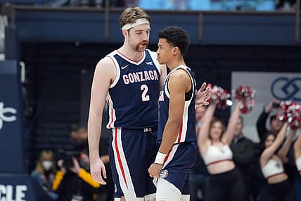 Feb 26, 2022; Moraga, California, USA; Gonzaga Bulldogs forward Drew Timme (2) talks to guard Rasir Bolton (45) before the game against the Saint Mary's Gaels at University Credit Union Pavilion. Mandatory Credit: Darren Yamashita-USA TODAY Sports
