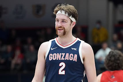 Feb 26, 2022; Moraga, California, USA; Gonzaga Bulldogs forward Drew Timme (2) during the first half against the Saint Mary's Gaels at University Credit Union Pavilion. Mandatory Credit: Darren Yamashita-USA TODAY Sports