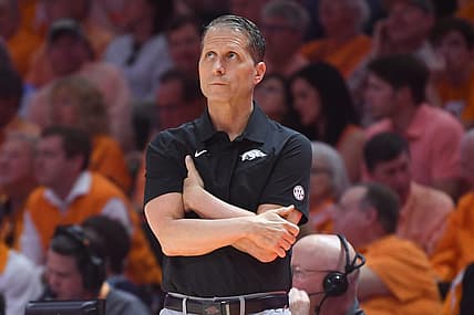 Arkansas head coach Eric Musselman stands on the sidelines during the final regular season game between Tennessee and Arkansas at Thompson-Boling Arena in Knoxville, Tenn., Saturday, March 5, 2022.

Utark0305 0438