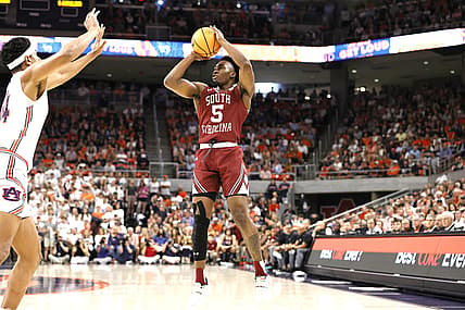 Mar 5, 2022; Auburn, Alabama, USA; South Carolina Gamecocks guard Jermaine Couisnard (5) shoots against the Auburn Tigers during the first half at Neville Arena. Mandatory Credit: John Reed-USA TODAY Sports