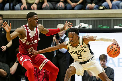 Purdue guard Eric Hunter Jr. (2) dribbles against Indiana guard Xavier Johnson (0) during the first half of an NCAA men's basketball game, Saturday, March 5, 2022 at Mackey Arena in West Lafayette.

Bkc Purdue Vs Indiana