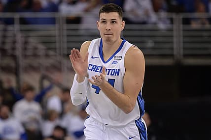 Mar 5, 2022; Omaha, Nebraska, USA;  Creighton Bluejays forward Ryan Hawkins (44) reacts after making a play against the Seton Hall Pirates in the first half at CHI Health Center Omaha. Mandatory Credit: Steven Branscombe-USA TODAY Sports