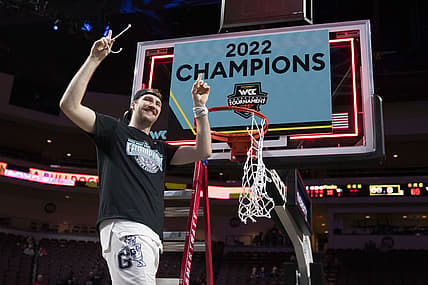 March 8, 2022; Las Vegas, NV, USA; Gonzaga Bulldogs forward Drew Timme (2) celebrates after cutting the net against the Saint Mary's Gaels after the game in the finals of the WCC Basketball Championships at Orleans Arena. Mandatory Credit: Kyle Terada-USA TODAY Sports
