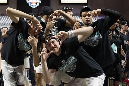 March 8, 2022; Las Vegas, NV, USA; Gonzaga Bulldogs celebrate after defeating the Saint Mary's Gaels after the game in the finals of the WCC Basketball Championships at Orleans Arena. Mandatory Credit: Kyle Terada-USA TODAY Sports