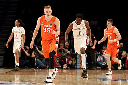 Mar 9, 2022; Brooklyn, NY, USA; Syracuse Orange guard Buddy Boeheim (35) reacts during the first half against the Florida State Seminoles at Barclays Center. Mandatory Credit: Brad Penner-USA TODAY Sports
