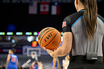 Mar 9, 2022; Fort Worth, TX, USA; A view of the Wilson game ball during the second half of the American Athletic Conference women's basketball tournament semifinals between the UCF Knights and the SMU Mustangs at Dickies Arena. Mandatory Credit: Jerome Miron-USA TODAY Sports