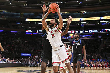 Mar 9, 2022; New York, NY, USA;  St. John's Red Storm guard Julian Champagnie (2) drives to the basket in the second half against the DePaul Blue Demons at the Big East Conference Tournament at Madison Square Garden. Mandatory Credit: Wendell Cruz-USA TODAY Sports