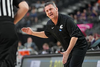 Mar 9, 2022; Las Vegas, Nevada, USA; Washington State Cougars head coach Kyle Smith argues a call during the first half against the California Golden Bears at T-Mobile Arena. Mandatory Credit: Stephen R. Sylvanie-USA TODAY Sports