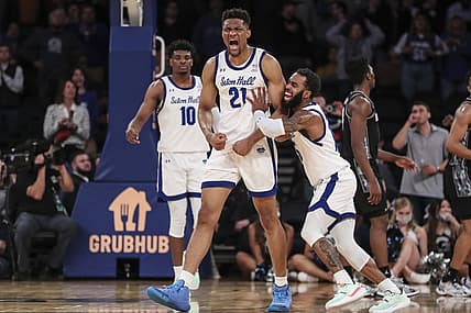 Mar 9, 2022; New York, NY, USA;  Seton Hall Pirates center Ike Obiagu (21) and guard Jamir Harris (15) celebrate in the second half against the Georgetown Hoyas at the Big East Conference Tournament at Madison Square Garden. Mandatory Credit: Wendell Cruz-USA TODAY Sports