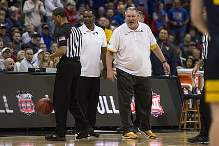 Mar 10, 2022; Kansas City, MO, USA; West Virginia Mountaineers head coach Bob Huggins reacts to being ejected in the first half against the Kansas Jayhawks at T-Mobile Center. Mandatory Credit: Amy Kontras-USA TODAY Sports