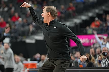 Mar 10, 2022; Las Vegas, NV, USA; Oregon Ducks head coach Dana Altman protests a call in a game against the Colorado Buffaloes during the second half at T-Mobile Arena. Mandatory Credit: Stephen R. Sylvanie-USA TODAY Sports