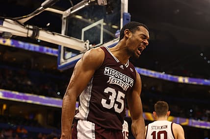 Mar 10, 2022; Tampa, FL, USA;Mississippi State Bulldogs forward Tolu Smith (35) celebrates against the South Carolina Gamecocks  during the second half at Amalie Arena. Mandatory Credit: Kim Klement-USA TODAY Sports