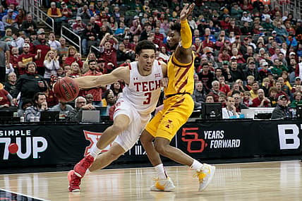 Mar 10, 2022; Kansas City, MO, USA; Texas Tech Red Raiders guard Clarence Nadolny (3) drives to the basket during the first half against the Iowa State Cyclones at T-Mobile Center. Mandatory Credit: William Purnell-USA TODAY Sports