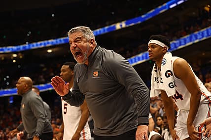 Mar 11, 2022; Tampa, FL, USA; Auburn Tigers head coach Bruce Pearl  reacts against the Texas A&M Aggies during the second half at Amalie Arena. Mandatory Credit: Kim Klement-USA TODAY Sports