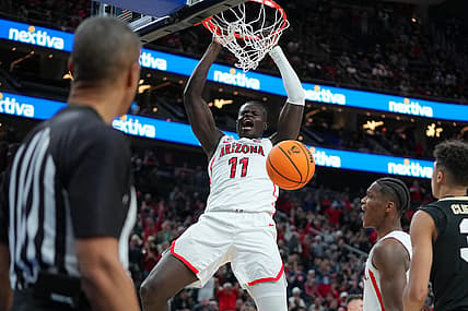 Mar 11, 2022; Las Vegas, NV, USA; Arizona Wildcats center Oumar Ballo (11) dunks against the Colorado Buffaloes during the second half at T-Mobile Arena. Mandatory Credit: Stephen R. Sylvanie-USA TODAY Sports
