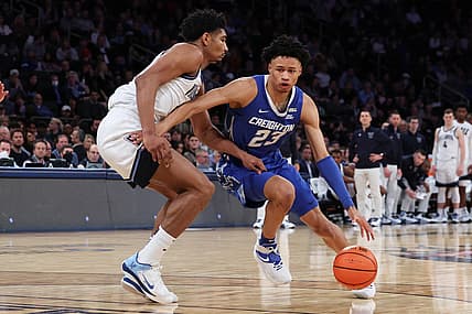 Mar 12, 2022; New York, NY, USA; Creighton Bluejays guard Trey Alexander (23) dribbles against Villanova Wildcats forward Jermaine Samuels (23) during the second half at Madison Square Garden. Mandatory Credit: Vincent Carchietta-USA TODAY Sports