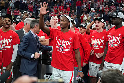 Mar 12, 2022; Las Vegas, NV, USA; Arizona Wildcats guard Bennedict Mathurin (0) is named Most Outstanding Player of the Pac-12 Tournament at T-Mobile Arena. Mandatory Credit: Stephen R. Sylvanie-USA TODAY Sports
