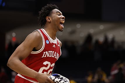 Mar 15, 2022; Dayton, OH, USA; Indiana Hoosiers forward Jordan Geronimo (22) celebrates defeating Wyoming Cowboys during the First Four of the 2022 NCAA Tournament at UD Arena. Mandatory Credit: Rick Osentoski-USA TODAY Sports