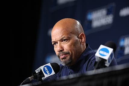 Mar 16, 2022; Portland, OR, USA; Georgia State Panthers head coach Rob Lanier answers questions from media during practice before the first round of the 2022 NCAA Tournament at Moda Center. Mandatory Credit: Jaime Valdez-USA TODAY Sports