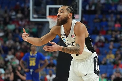 Mar 17, 2022; Buffalo, NY, USA; Providence Friars guard Jared Bynum (4) reacts in the second half against the South Dakota State Jackrabbits during the first round of the 2022 NCAA Tournament at KeyBank Center. Mandatory Credit: Gregory Fisher-USA TODAY Sports