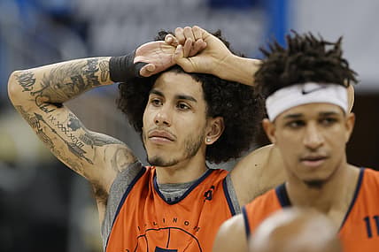 Mar 17, 2022; Pittsburgh, PA, USA; Illinois Fighting Illini guard Andre Curbelo (5) and Fighting Illini guard Alfonso Plummer (11) stand on the court during practice before the first round of the 2022 NCAA Tournament at PPG Paints Arena. Mandatory Credit: Geoff Burke-USA TODAY Sports