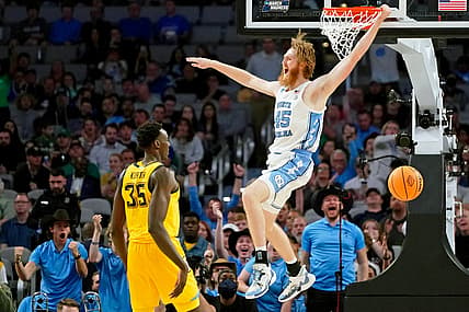 Mar 17, 2022; Fort Worth, TX, USA; North Carolina Tar Heels forward Brady Manek (45) reacts after dunking against the Marquette Golden Eagles during the second half during the first round of the 2022 NCAA Tournament at Dickies Arena. Mandatory Credit: Chris Jones-USA TODAY Sports