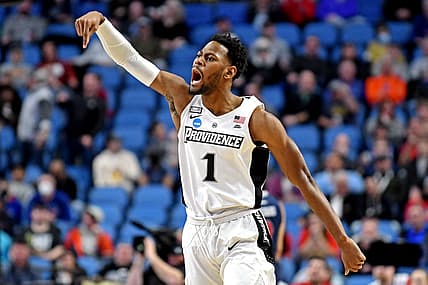 Mar 19, 2022; Buffalo, NY, USA; Providence Friars guard Al Durham (1) reacts during the first half against the Richmond Spiders during the second round of the 2022 NCAA Tournament at KeyBank Center. Mandatory Credit: Mark Konezny-USA TODAY Sports