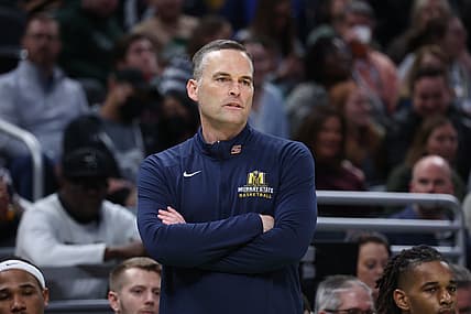 Mar 19, 2022; Indianapolis, IN, USA; Murray State Racers head coach Matt McMahon reacts to a play in the first half against the St. Peter's Peacocks during the second round of the 2022 NCAA Tournament at Gainbridge Fieldhouse. Mandatory Credit: Trevor Ruszkowski-USA TODAY Sports