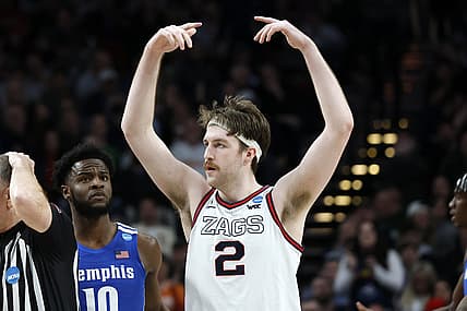 Mar 19, 2022; Portland, OR, USA; Gonzaga Bulldogs forward Drew Timme (2) reacts to a play against Memphis Tigers during the second half in the second round of the 2022 NCAA Tournament at Moda Center. Mandatory Credit: Soobum Im-USA TODAY Sports