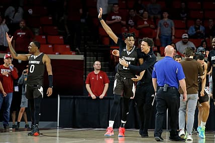 St. Bonaventure's Osun Osunniyi (21) and Kyle Lofton (0) celebrate after a men's college basketball game between the University of Oklahoma Sooners (OU) and St. Bonaventure at Lloyd Noble Center in Norman, Okla., Sunday, March 20, 2022. St. Bonaventure won 70-68.

Ou Nit