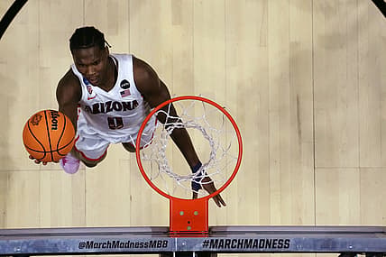 Mar 20, 2022; San Diego, CA, USA; Arizona Wildcats guard Bennedict Mathurin (0) shoots against the TCU Horned Frogs during the second round of the 2022 NCAA Tournament at Viejas Arena. Mandatory Credit: Kirby Lee-USA TODAY Sports